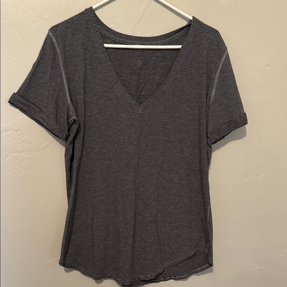 Lululemon Athletica Black and Gray Striped V-Neck Tee
